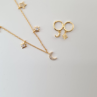 Set Colier si Cercei argint Moon and Stars Gold